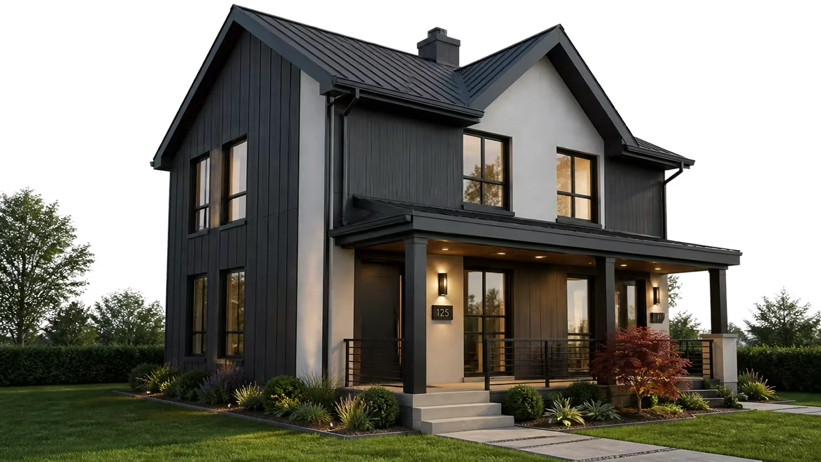 The same house after renovation, with black board-and-batten siding and a new porch.