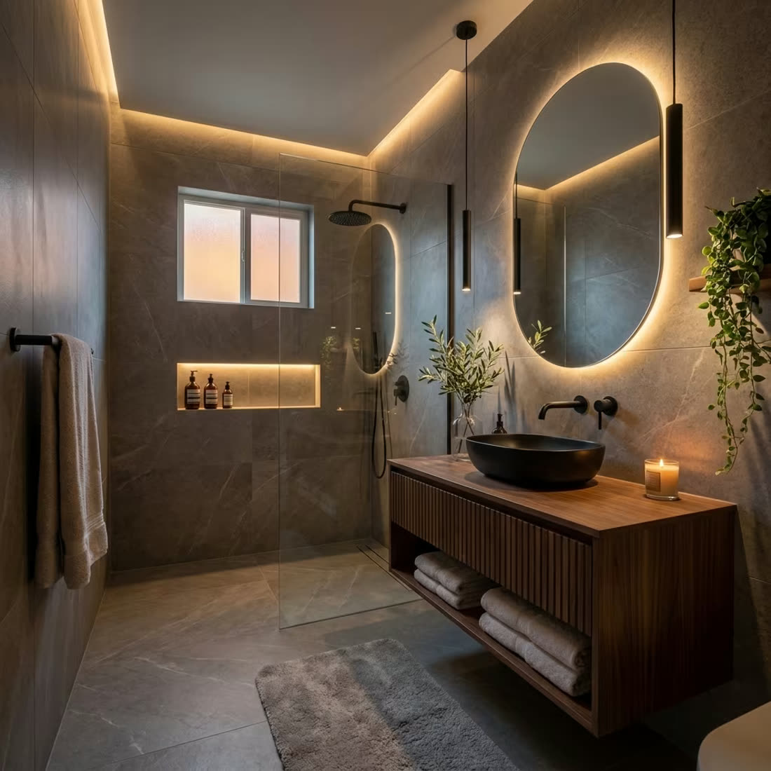 Completed bathroom with soft daylight and pale finishes.